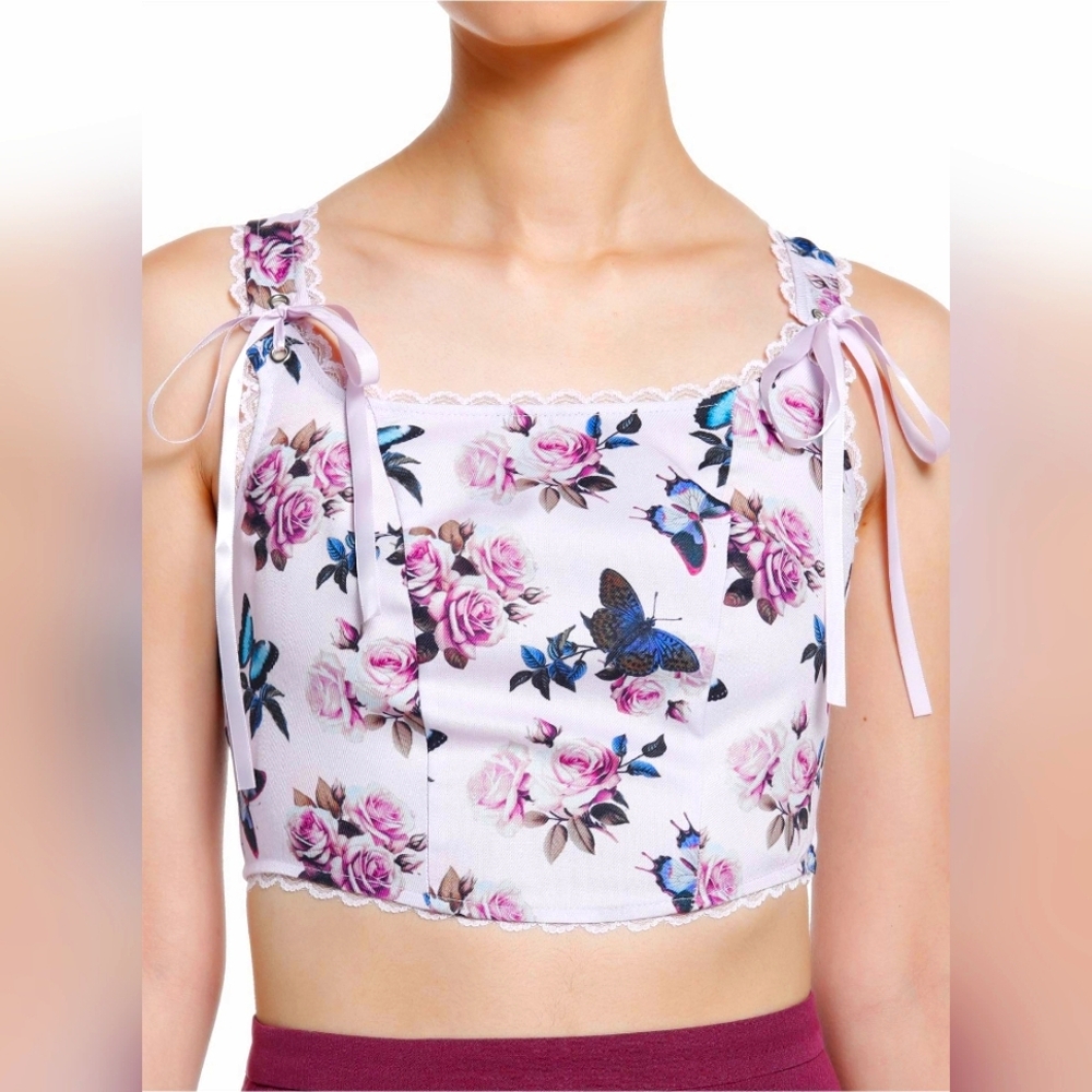 Thorn & Fable Butterfly Ribbon Crop Corset Style Top Sz Medium NWT